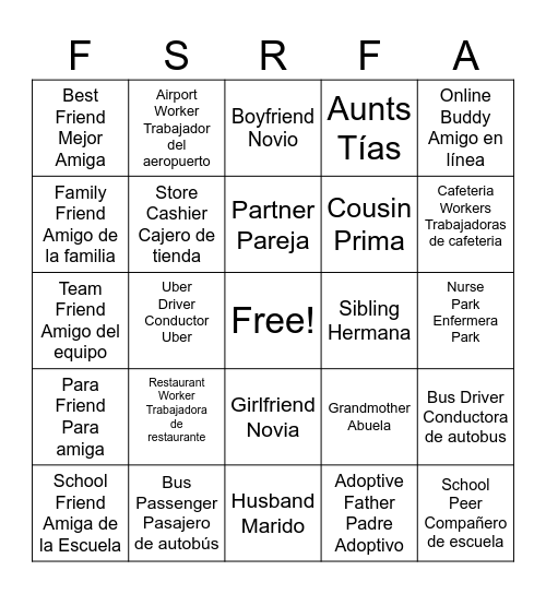 Relationship Bingo Card