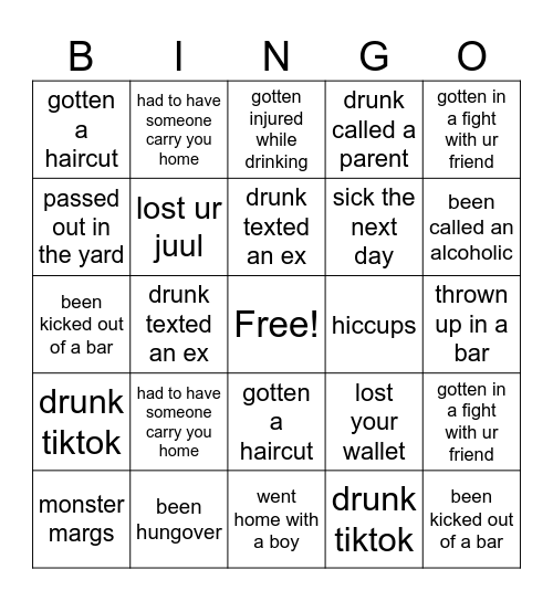 drunk bingo Card