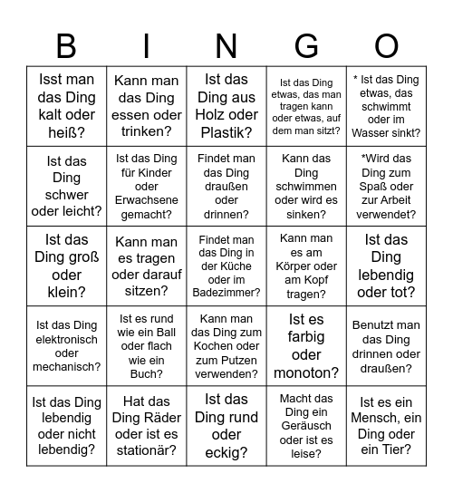 Was ist das Ding? 25 Fragen Bingo Card