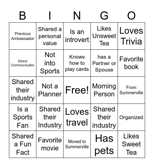 Ambassador Bingo Card