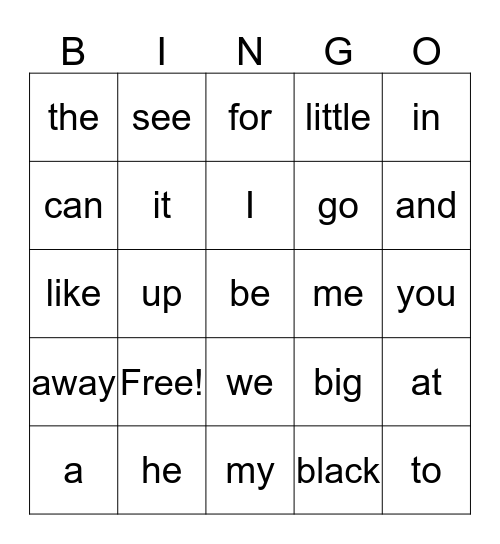 Sight word Bingo Card
