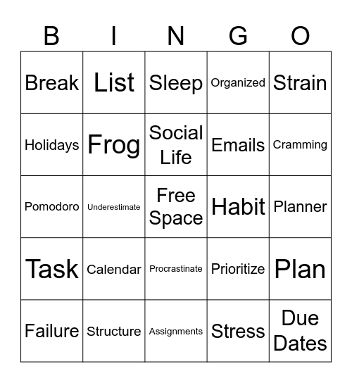 Getting Organized Bingo Card