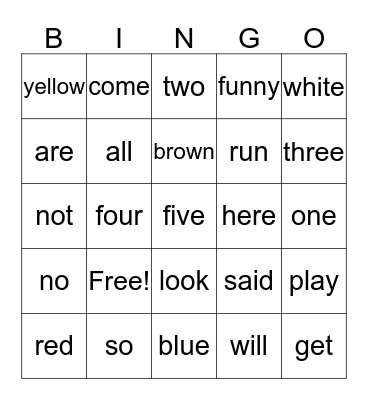 Sight word Bingo Card