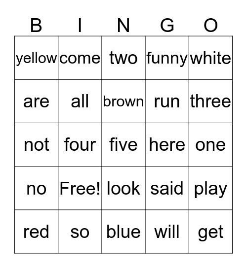 Sight word Bingo Card
