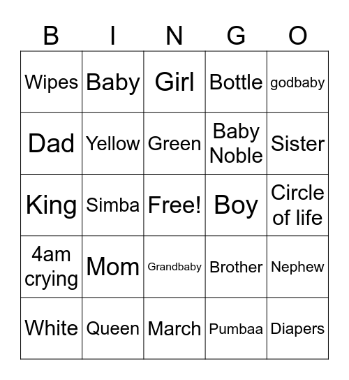 Lion King Bingo Card