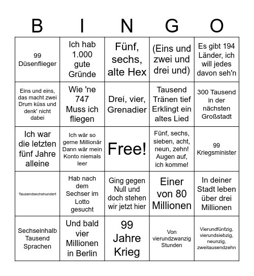 Songtexte mit Zahlen Bingo Card