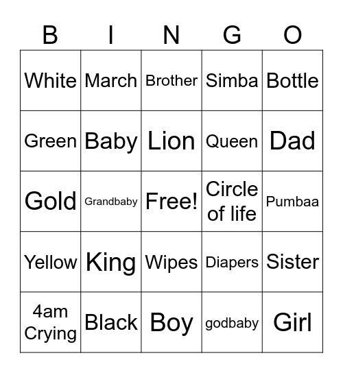 Lion King Bingo Card