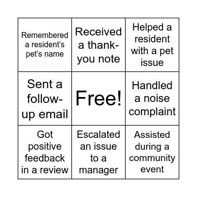 Customer Service Bingo Card
