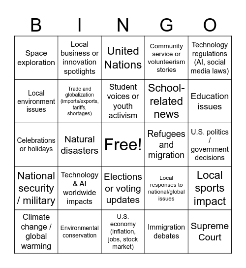 CNN 10 Bingo Card