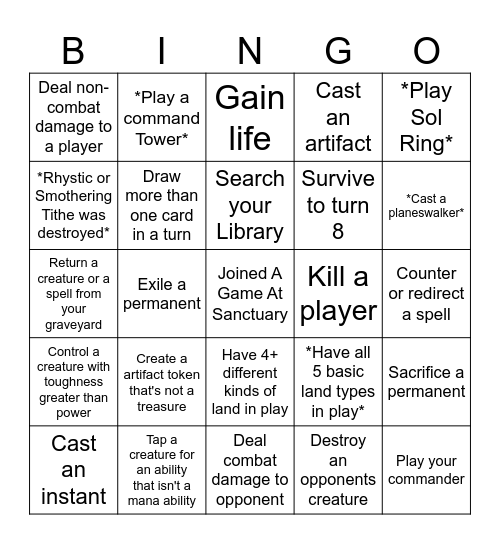 Sanctuary Commander MTG Bingo Card