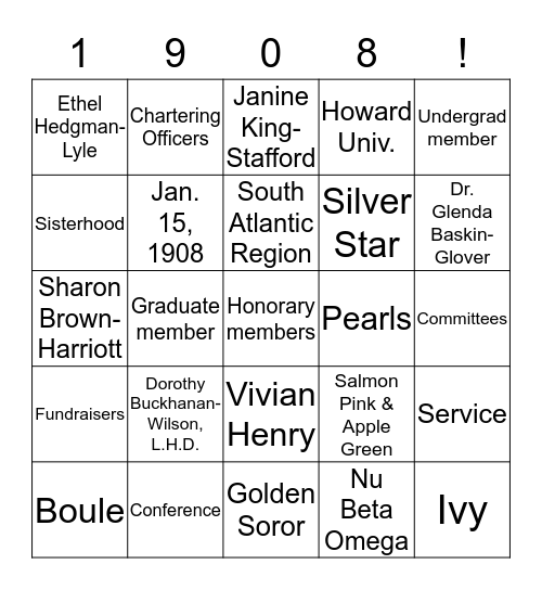 Nu Beta Omega "1908!" Bingo Card