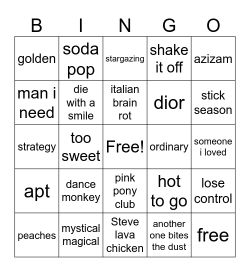 Box Music Bingo Card
