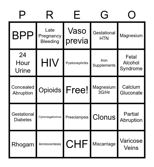 Prenatal Bingo Card
