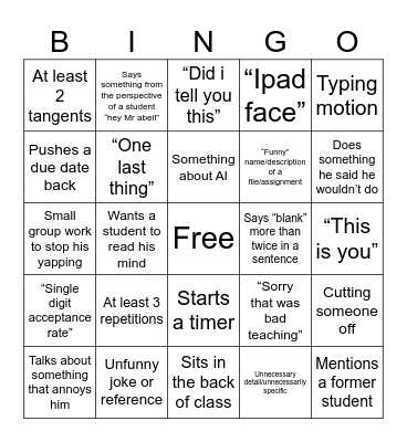 English Bingo Card
