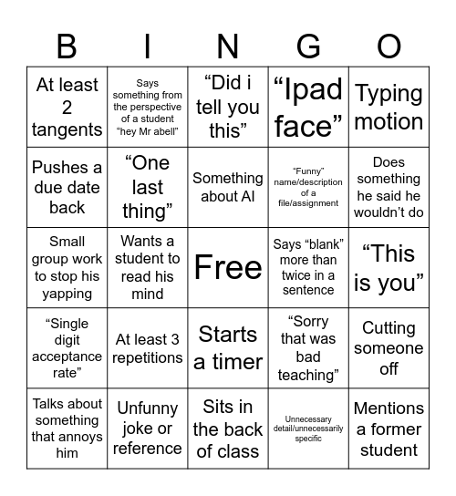 English Bingo Card