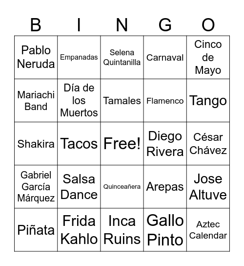 TOPS HS Hispanic Heritage Month Bingo Card