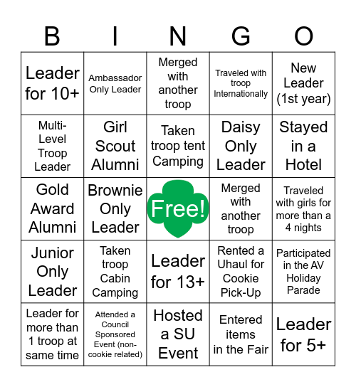 Girl Scout Leader Bingo Card