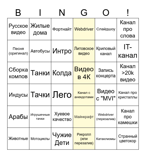 Petit Tube Bingo Card