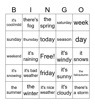 Calendario, ¿Que tiempo hace?(EN) Bingo Card