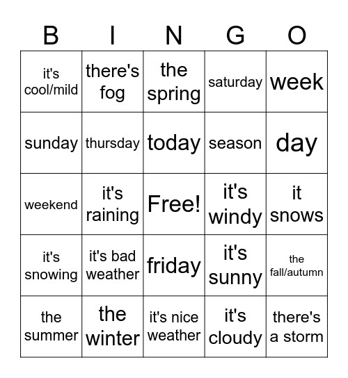 Calendario, ¿Que tiempo hace?(EN) Bingo Card