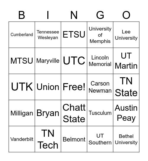 College Bingo Card