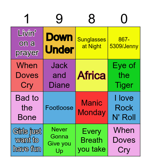 80's Music Bingo Card