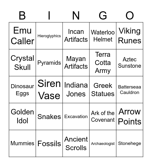 Archeology/Indiana Jones Bingo Card
