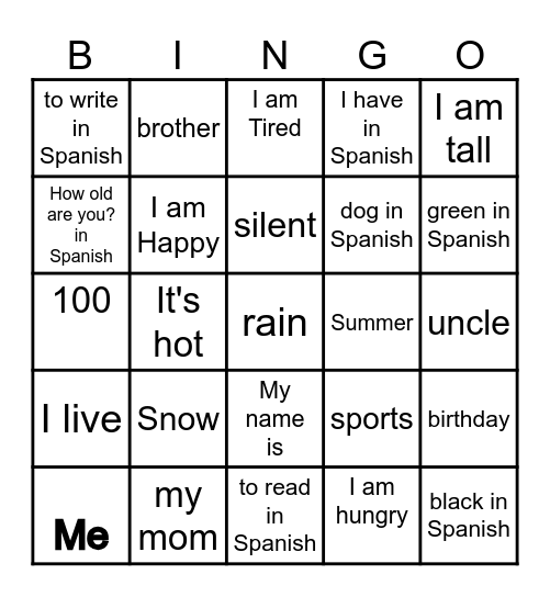 Vocabulario de  Español   Bingo Card