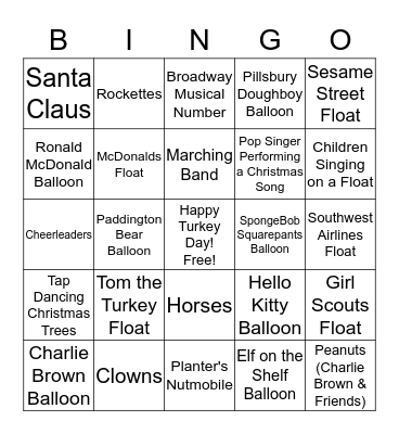 Thanksgiving Day Parade Bingo Card