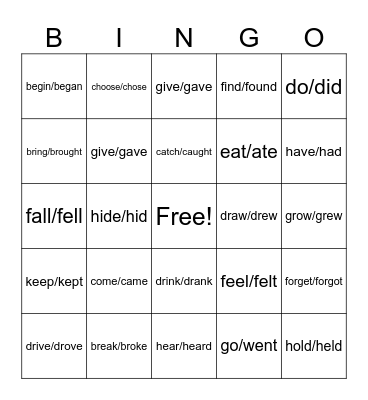 Past Tense Fun Bingo Card