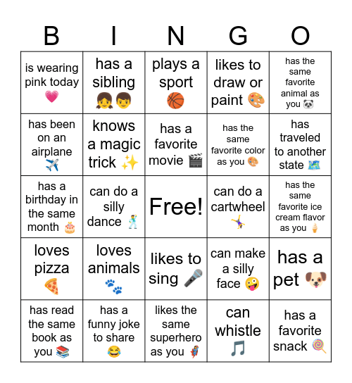 Friendship Bingo Card