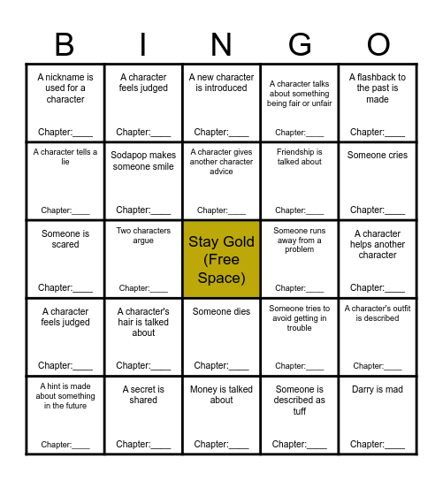 Outsiders Bingo Card