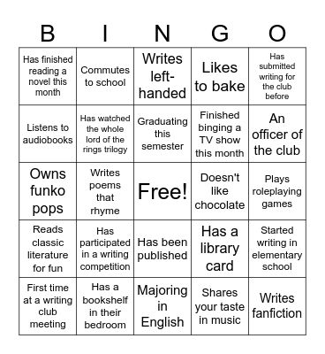 Creative Writing Club BINGO Card