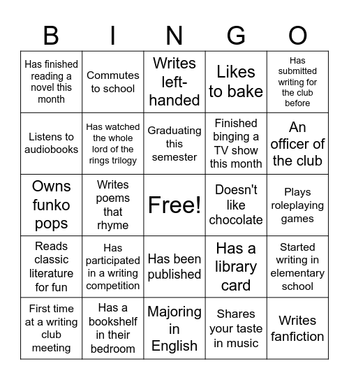 Creative Writing Club BINGO Card