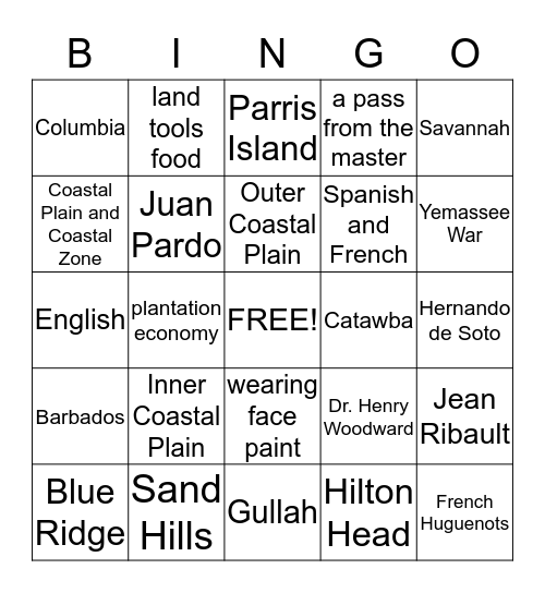 South Carolina History  Bingo Card