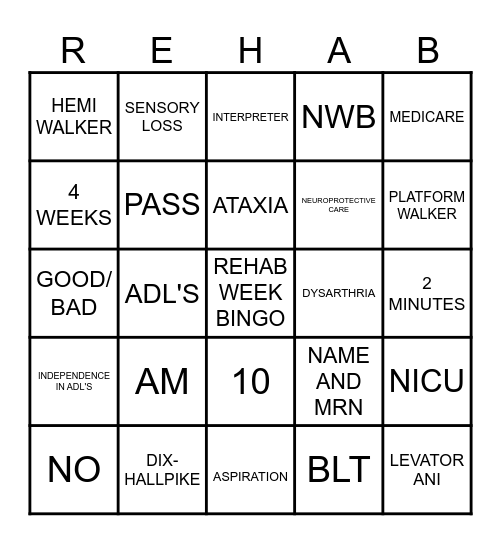 Rehab Week Bingo Card