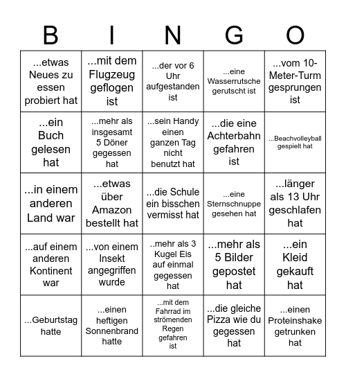 Finde jemanden, der in den Ferien... Bingo Card