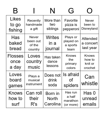 Get to Know You Bingo Card