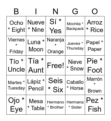 Spanish BINGO Card