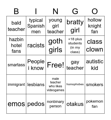School Bingo Card
