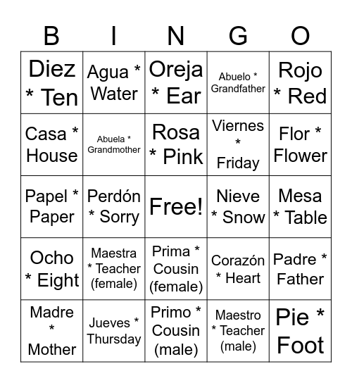 Spanish BINGO Card