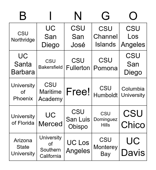 College Bingo Card