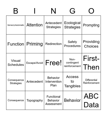 Behavior Reduction Bingo Card
