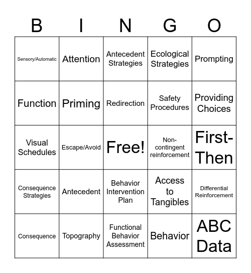 Behavior Reduction Bingo Card