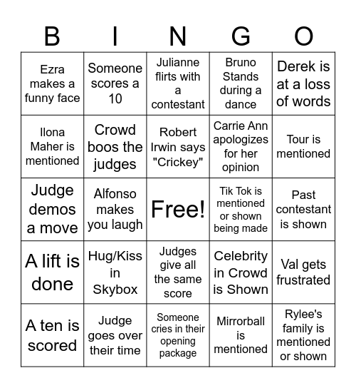 2025 DWTS Bingo Card