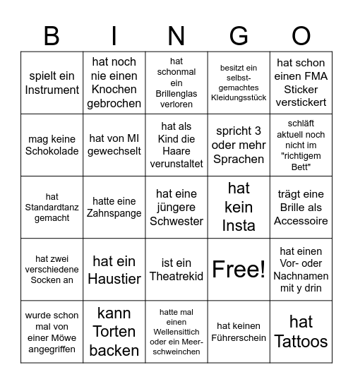 Kennlernbingo Erstis Bingo Card