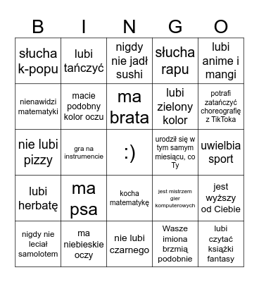 Znajdź kogoś kto: Bingo Card