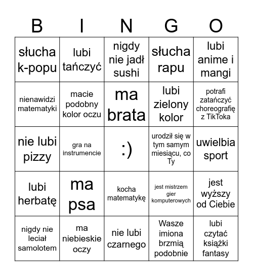 Znajdź kogoś kto: Bingo Card