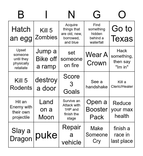Sidequest Bingo Card