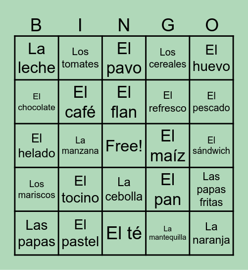 Food in Spanish Bingo Card